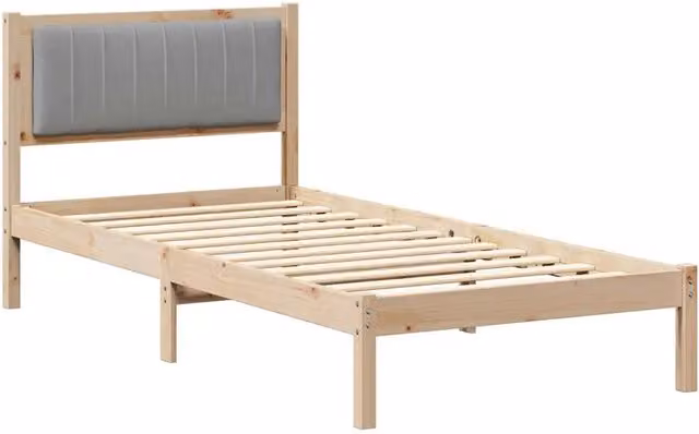 Letto singolo moderno con testiera rivestita in tessuto grigio e struttura in legno di pino, L/P/H: 90 x 190 x 85,5 cm – 1