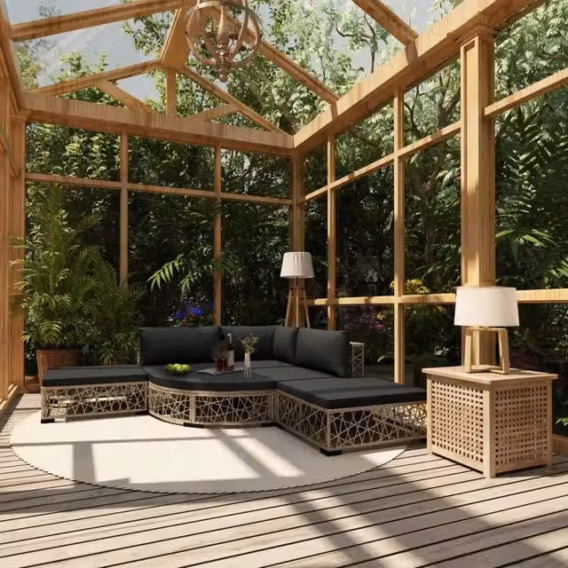 Set di divani da giardino a L con 6 pezzi vidaXL in polyrattan grigio con cuscini inclusi