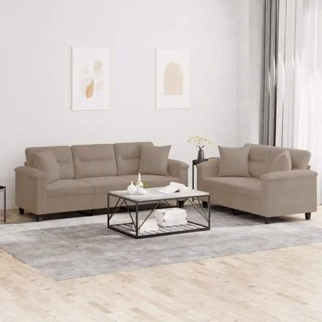 Set di 2 divani vidaXL in tessuto microfibra beige con cuscini inclusi per soggiorno – 1