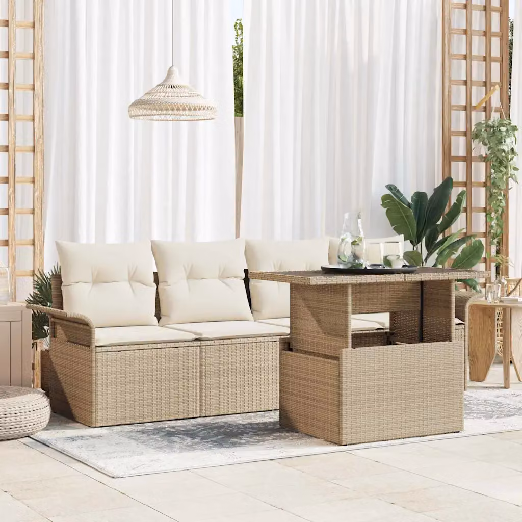 Set Divano da Giardino vidaXL 5 Pezzi Beige con Cuscini e Tavolino in Polyrattan e Metallo