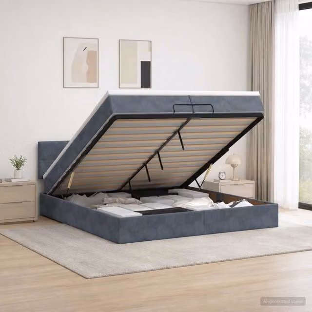 Letto matrimoniale con contenitore a sollevamento vidaXL in velluto grigio e bianco L/P/H: 200 x 200 x 140 cm