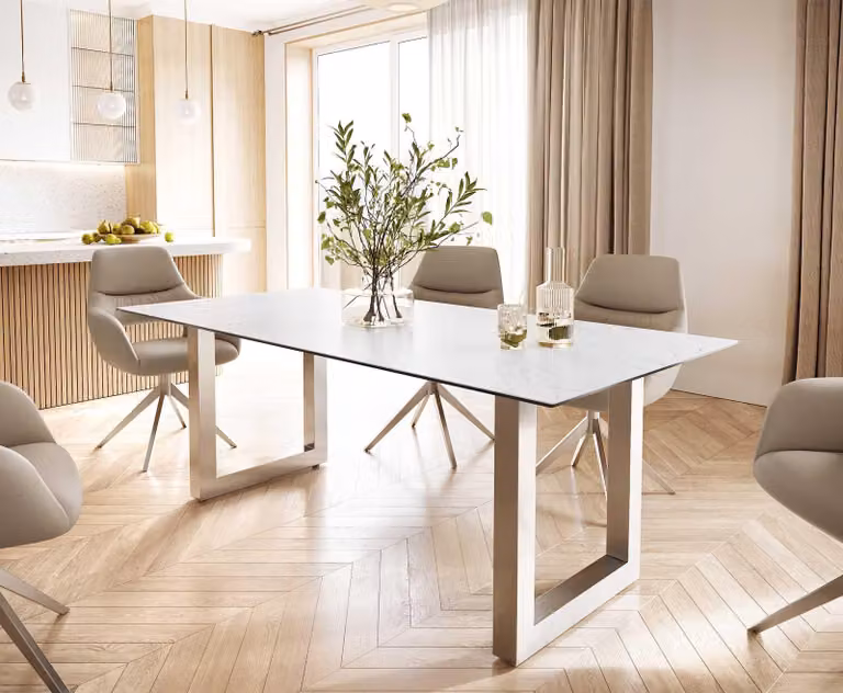 Tavolo da pranzo DELIFE Edge, 200x100 cm, piano in laminato ceramico Laminam® effetto marmo statuario bianco, struttura in acciaio inossidabile