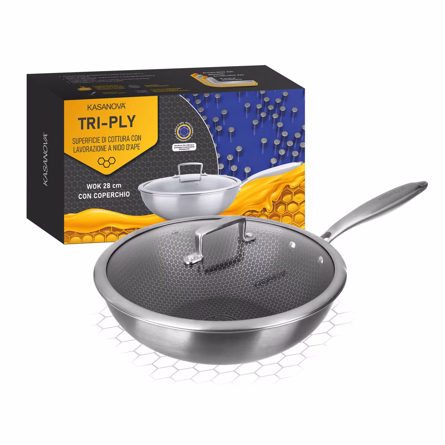 Wok Kasanova con coperchio in acciaio inox e alluminio Tri-Ply, Diametro: 28 cm, Colore: Argento – 2
