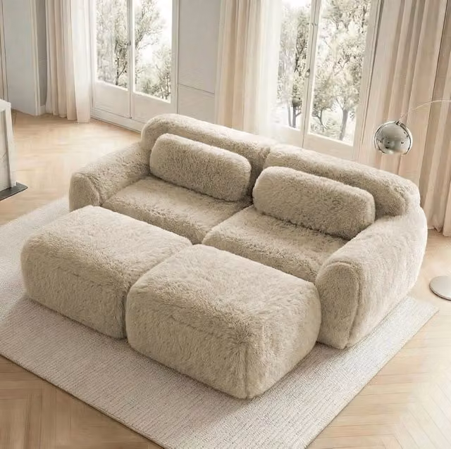 Divano modulare 2 posti senza struttura in tessuto peluche kaki chiaro HOMVRA