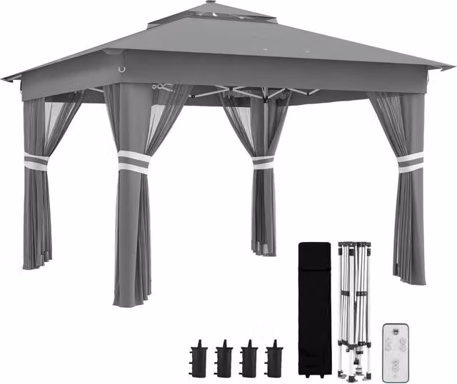 Gazebo da Giardino ¨C Zephmum ¨C Grigio Acciaio Oxford 336x336x250-270cm con Luci LED