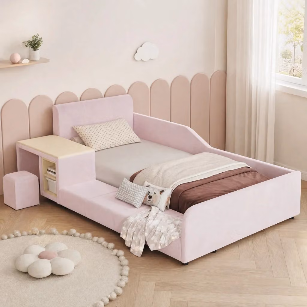 Letto singolo Mivray rosa con testiera in velluto, scrivania e sgabello integrati, L/P: 90 x 200 cm – 2