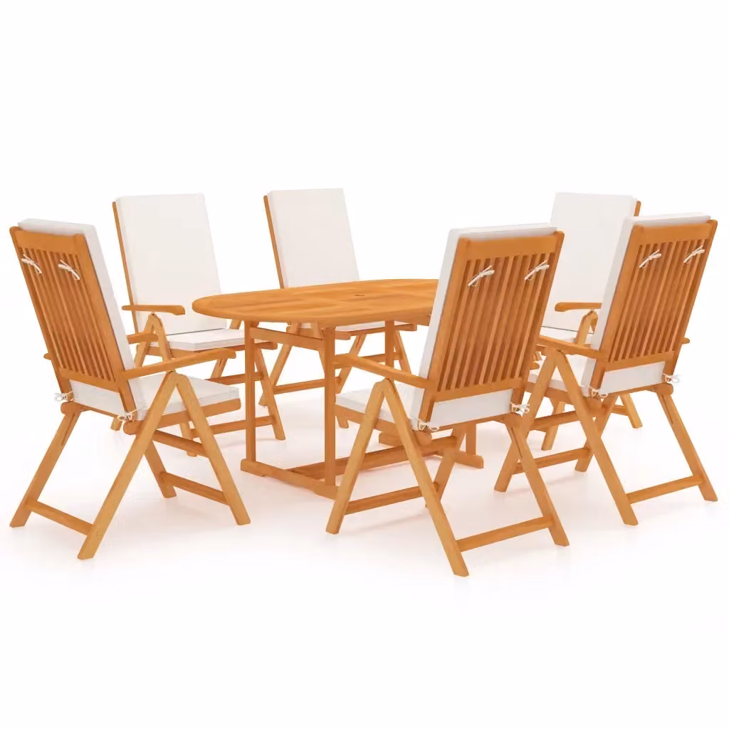 Set da pranzo da giardino vidaXL in legno di teak con 7 pezzi e cuscini, marrone e bianco – 2