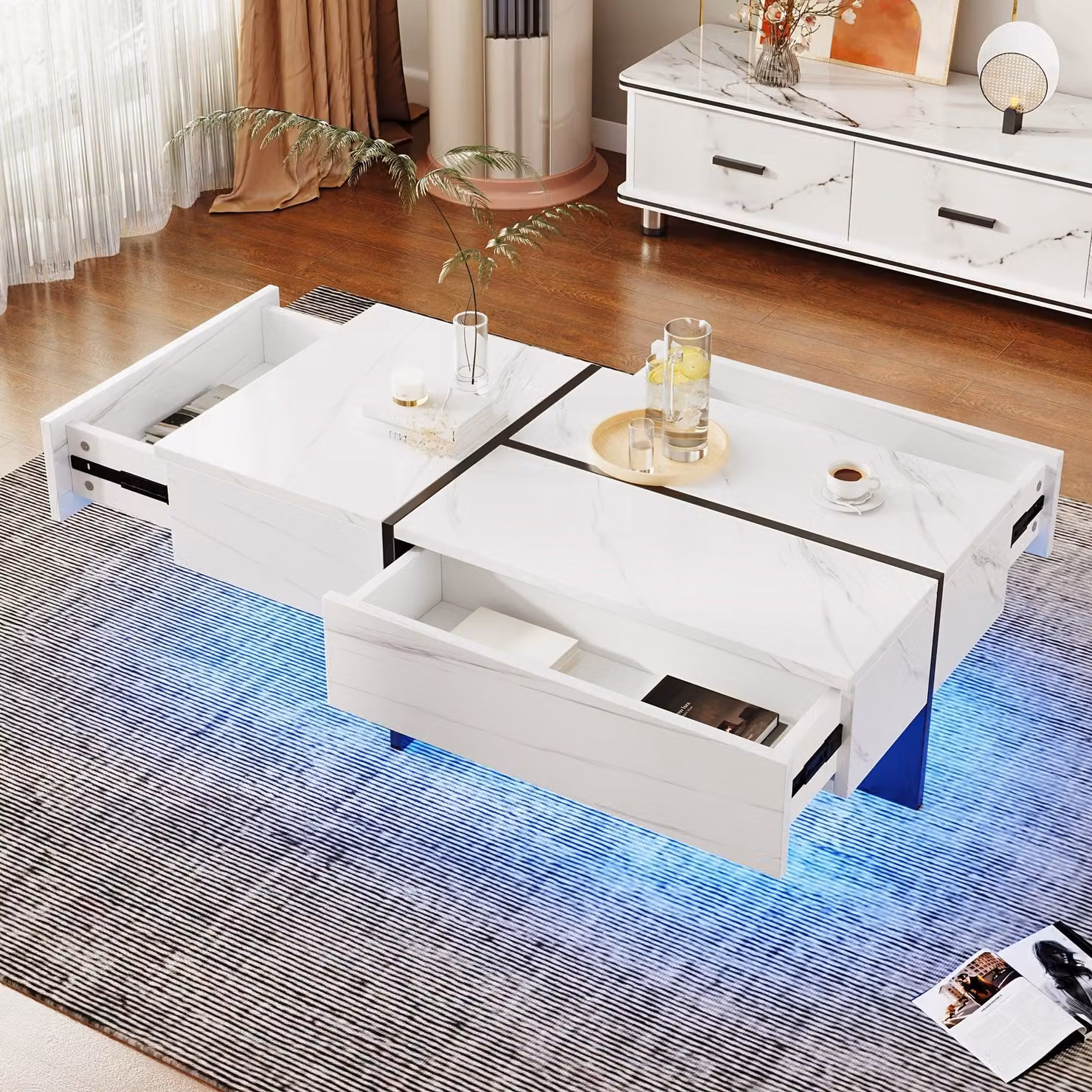 Tavolino da salotto dal design moderno, bianco lucido con dettagli neri e finitura effetto marmo