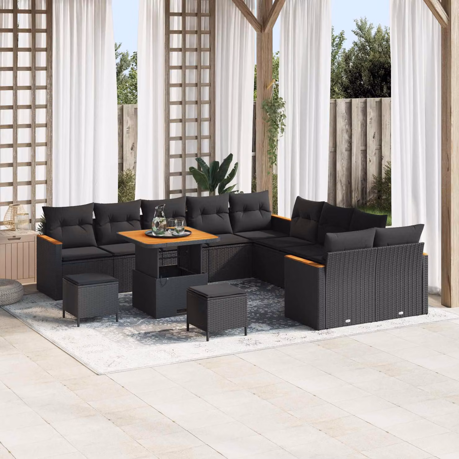 Set Divano da Giardino Moderno vidaXL in Polyrattan Nero con Cuscini e Tavolino da 13 Pezzi – 1