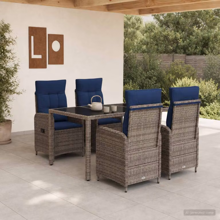 Set da pranzo per esterni vidaXL in polyrattan e vetro da 5 pezzi, moderno, grigio o blu, L: 150 cm, P: 90 cm, H: 75 cm