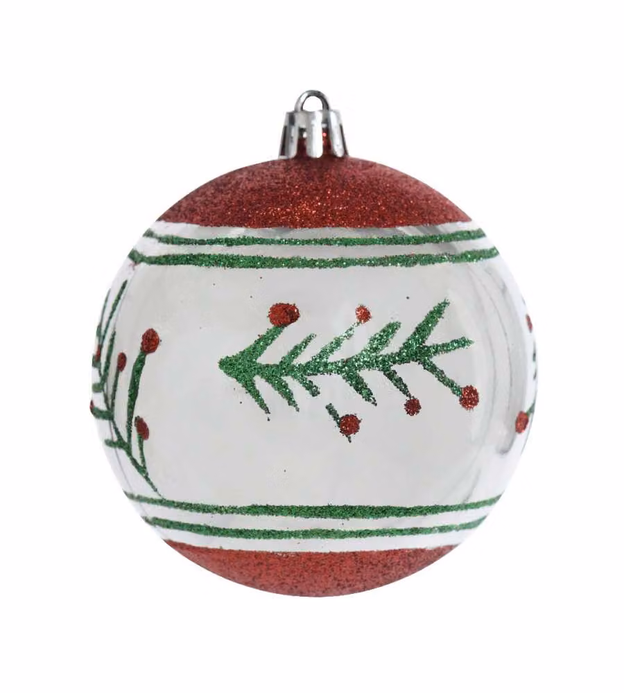 Sfera di Natale Bianca con decoro Rosso e Verde Glitter - 8 cm