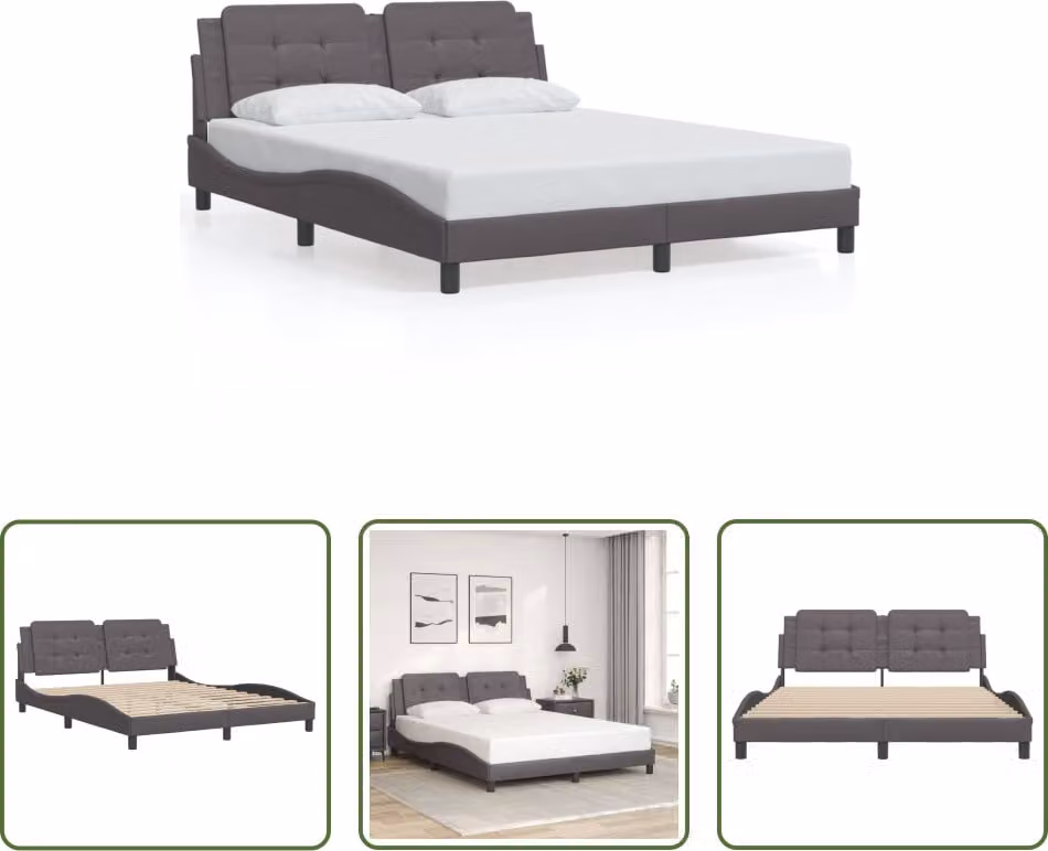 The Living Store Giroletto con testiera grigio 160x200 cm in ecopelle