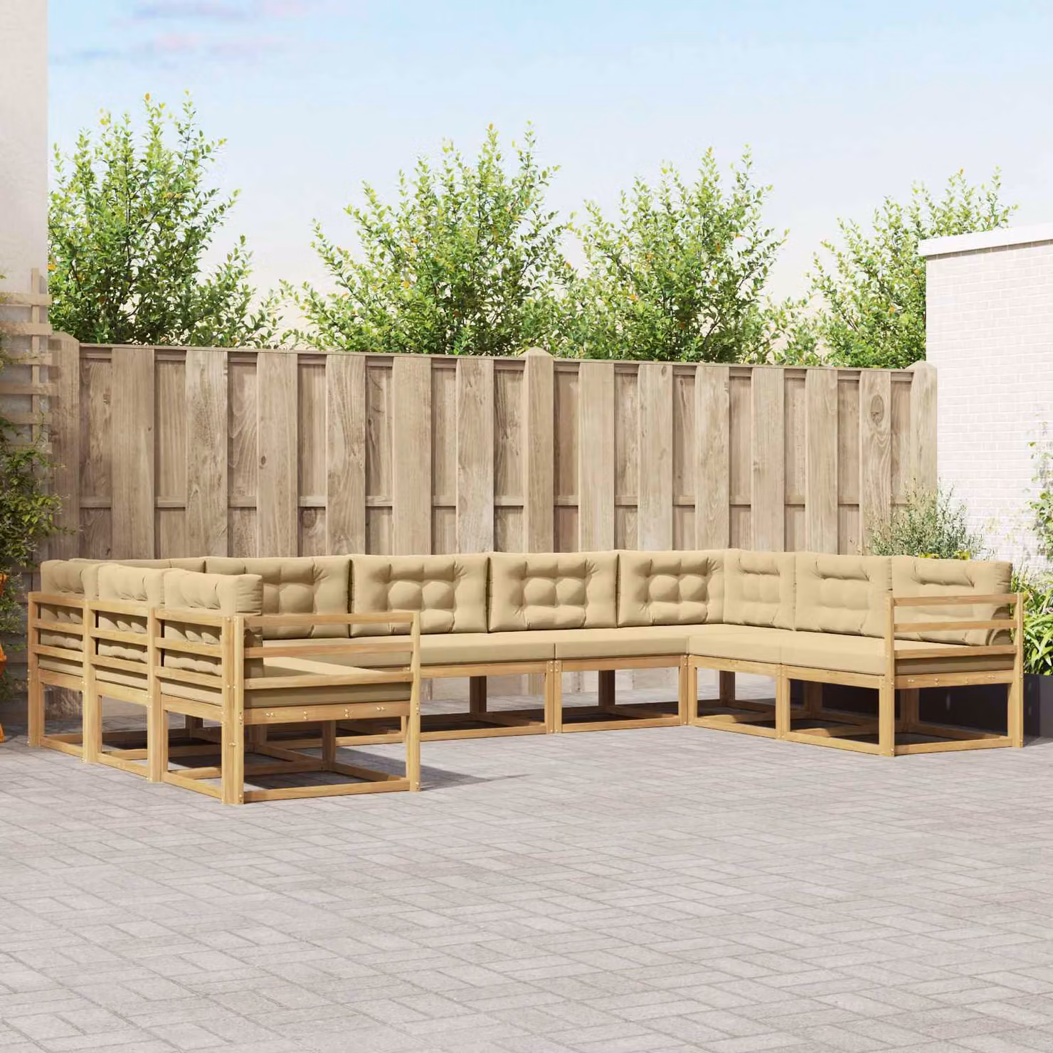 vidaXL Set di divani da esterno a forma di U composto da 9 pezzi in legno di acacia con cuscini Bianco e Beige