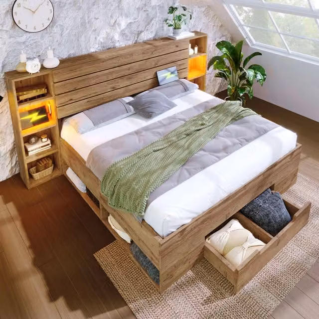 Letto matrimoniale in legno massello con testiera LED e USB - Zephmum - 160x200 cm - Rovere - Con cassetti e contenitore