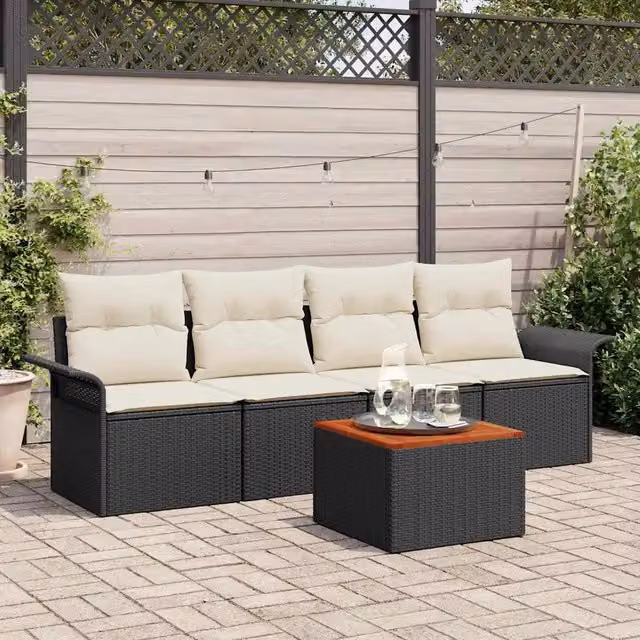 Set Divano da Giardino con cuscino 5 pz-Sofa da Giardino-Divanetto da esterno Nero polyrattan 887292