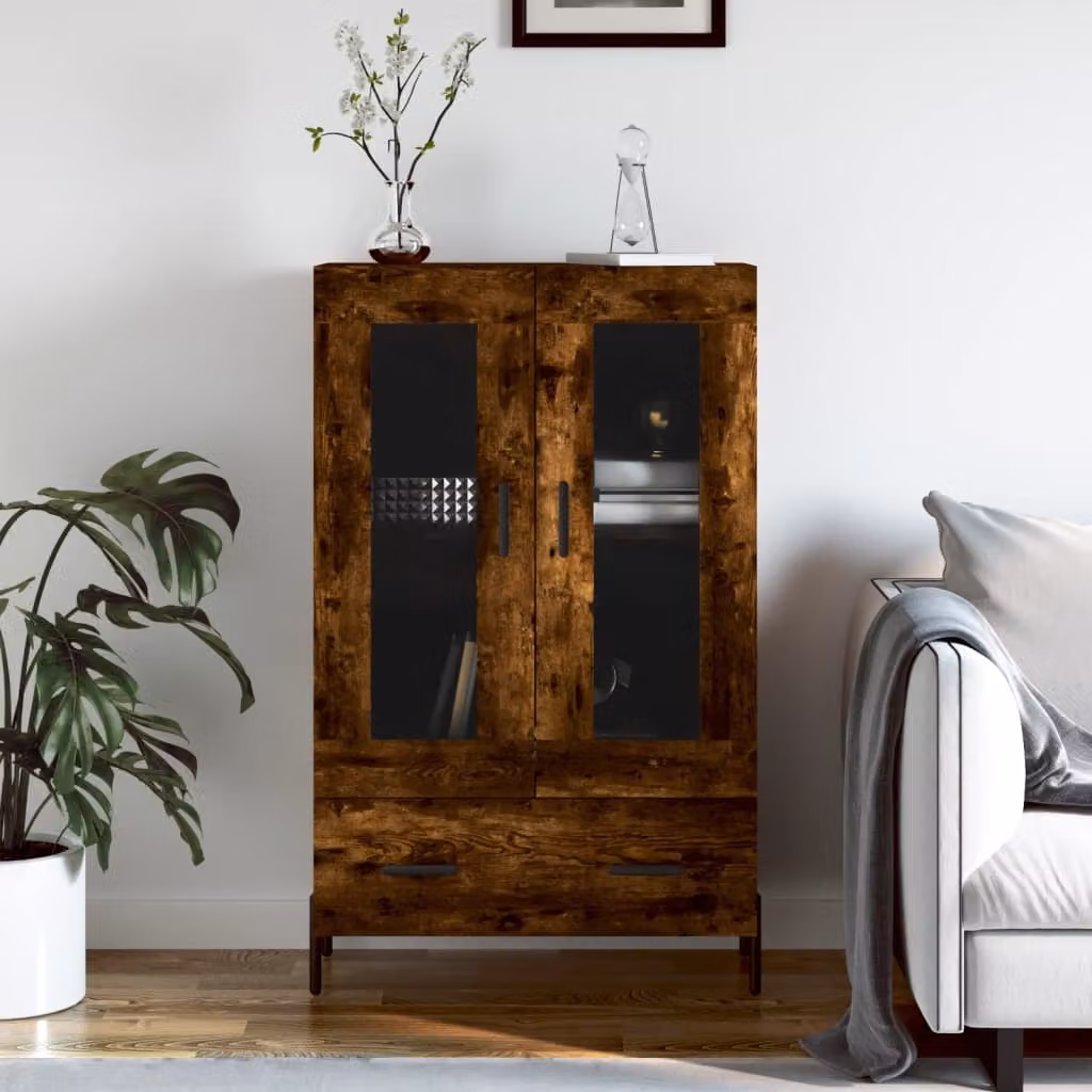 Credenza moderna vidaXL in rovere fumo con ante in vetro e struttura in legno e metallo, L/P/H: 69,5 x 31 x 115 cm