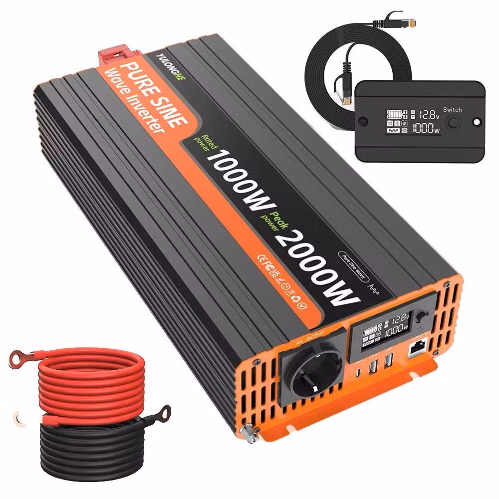 Inverter a onda sinusoidale pura, potenza nominale 1000W, potenza di picco 2000W, tensione di ingresso DC 12V, tensione di uscita AC 230V, frequenza di uscita 50Hz