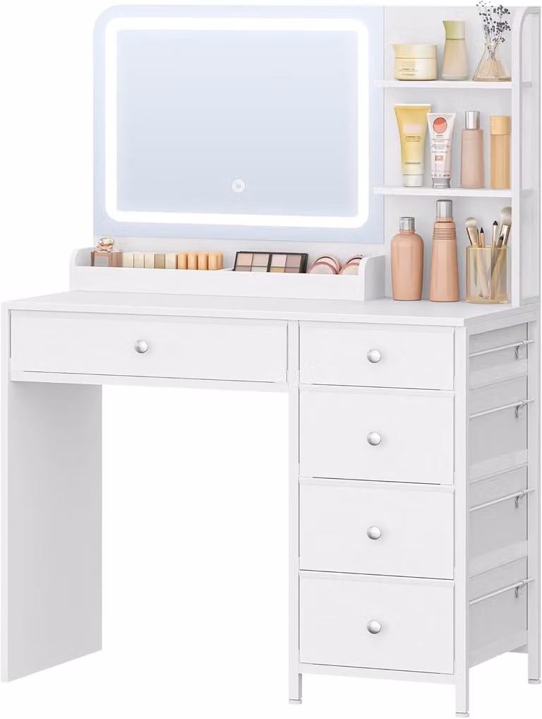 Comò bianco con grande specchio, illuminazione a LED e cinque cassetti