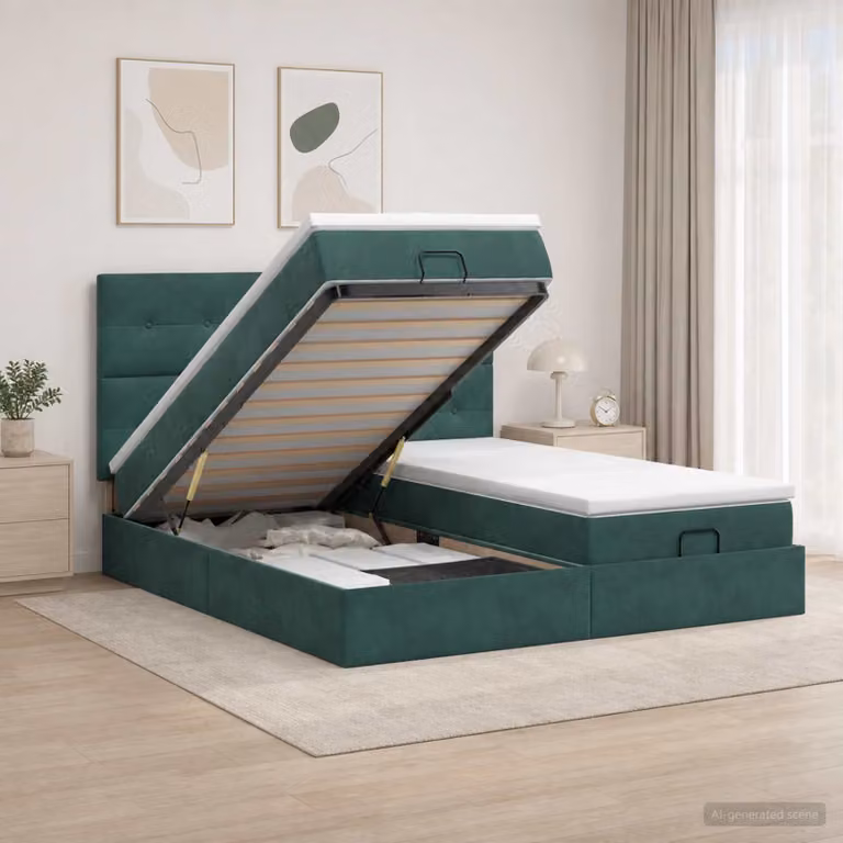 Letto ottomano con materasso vidaXL in velluto verde scuro e bianco, L/P/H: 200 x 160 x 88 cm