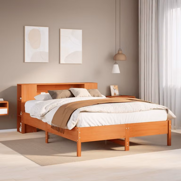 Letto Libreria vidaXL in Pino Massiccio Marrone Cera con Ripiani Laterali L/P/H: 200 x 140 x 146 cm