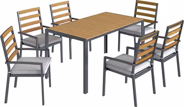 Set da giardino Outsunny composto da 7 pezzi con tavolo da pranzo, 6 sedie e cuscini in legno naturale e colore marrone