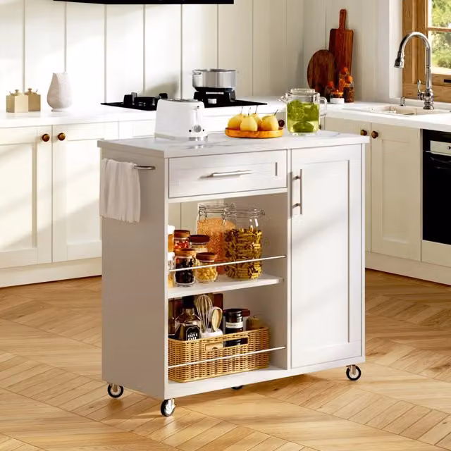 Carrello da cucina con cassetto, armadietto, ripiani aperti e portasciugamani, in MDF, bianco, 90 × 62 × 90 cm