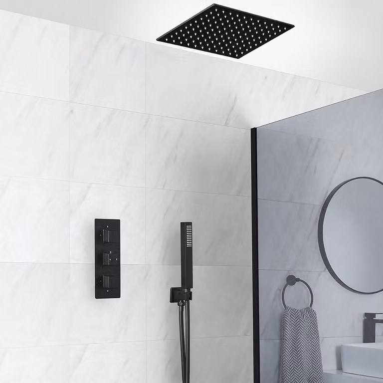 Sistema Termostatico Nero per Doccia e Vasca con Soffione Quadrato da Incasso da 400mm e Doccetta  (2 Vie) - Preto