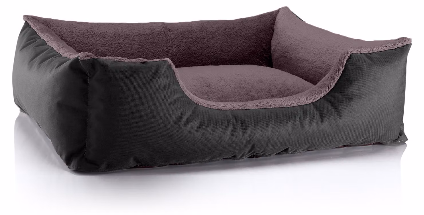 Letto per cani BedDog TEDDY, divano per cani lavabile con bordo e cuscino, BLACK-FIELD (nero/marrone), (L) ca. 80x65x18 cm