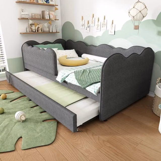Letto estraibile REDOM per bambini in tessuto grigio, L/P/H: 90 x 190 x 70 cm