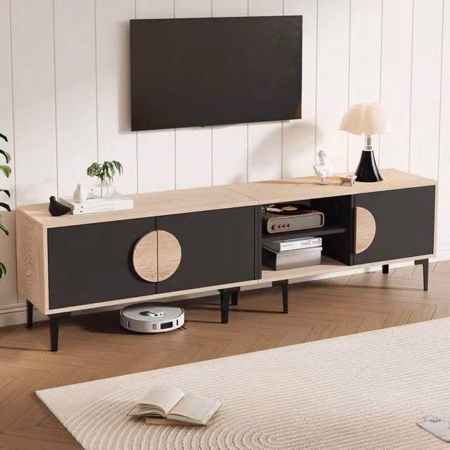 Mobile TV REDOM moderno in nero e rovere con 3 ante e 2 vani aperti L: 180 cm, P: 35 cm, H: 49 cm – 1
