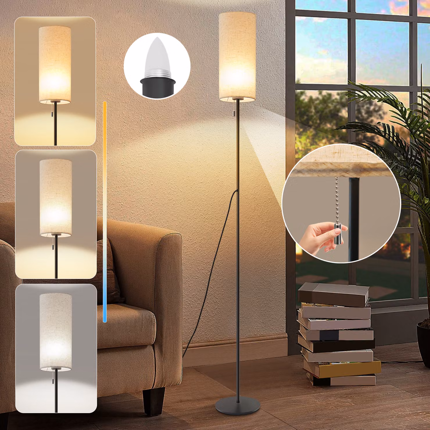 ZMH lampada da terra in tessuto da salotto lampada da terra a LED dimmerabile a 3 temperature di colore lampada da terra vintage con paralume beige e interruttore a tirante retrò