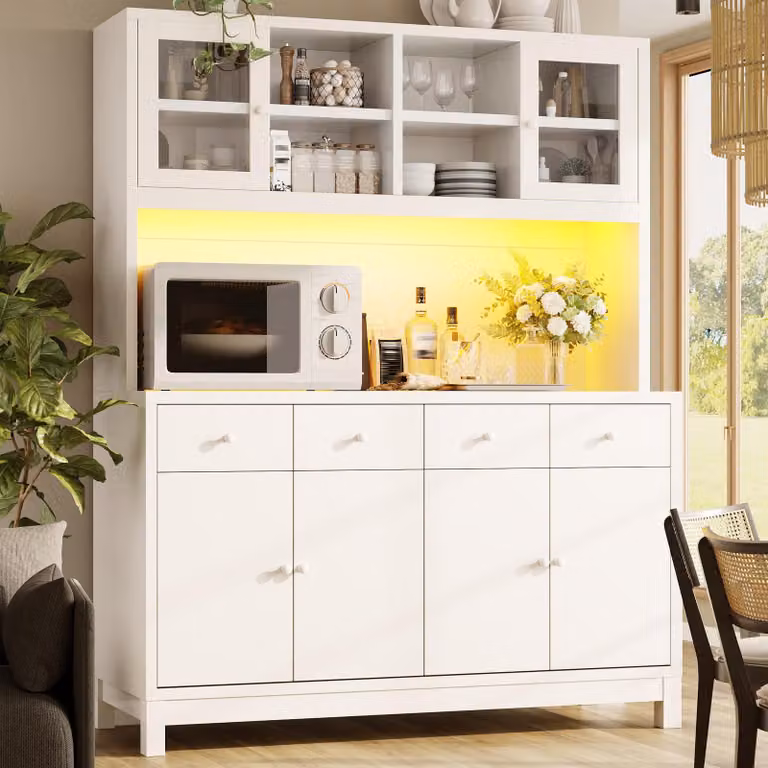 Mobiletto buffet alto con illuminazione RGB controllata tramite app, ante in vetro, mobiletto da cucina con ripiani regolabili, credenza 140x38,5x180 cm, bianco