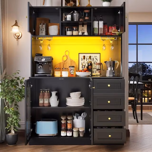 Credenza da cucina con LED controllabile tramite app cassetti e ripiani interni in MDF nero 120 × 40 × 188 cm