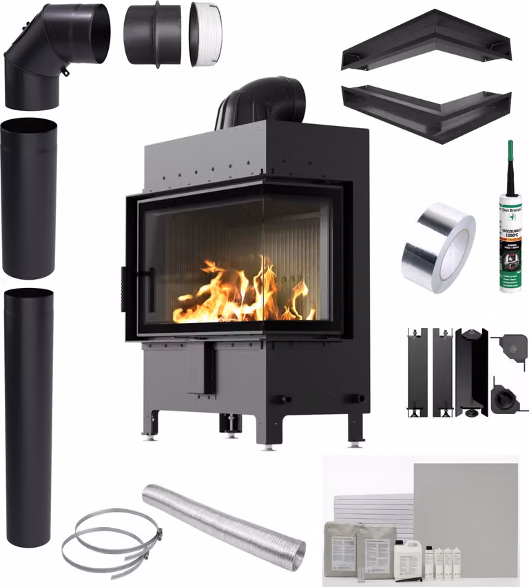 KRATKI LUCY inserto camino destro 14 kW Ø200 NERO set di installazione