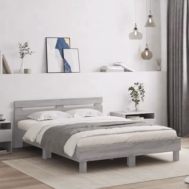 Letto con testiera, illuminazione LED e porta di ricarica USB vidaXL, Grigio, L/P/H: 140 x 200 x 145 cm