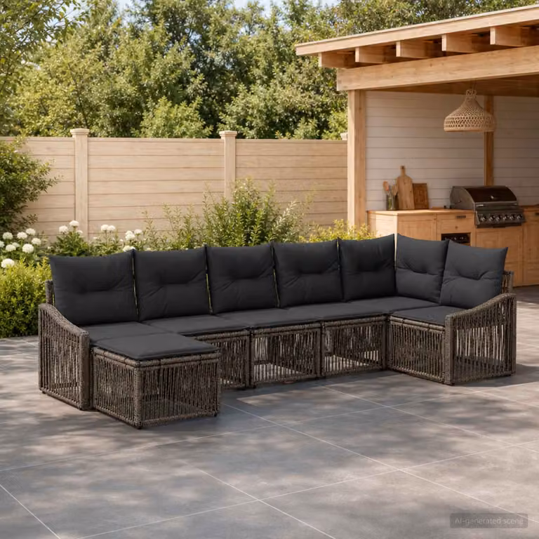 Set Divano da Giardino vidaXL 7 pz a forma a U in Polyrattan Grigio con Cuscini e Struttura in Acciaio