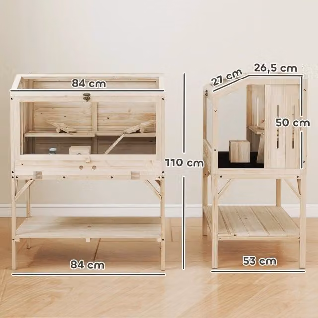Gabbia per criceti WISHDOR a 2 livelli in legno di abete naturale marrone con ripiano portaoggetti e accessori L: 84 cm, P: 53 cm, H: 110 cm