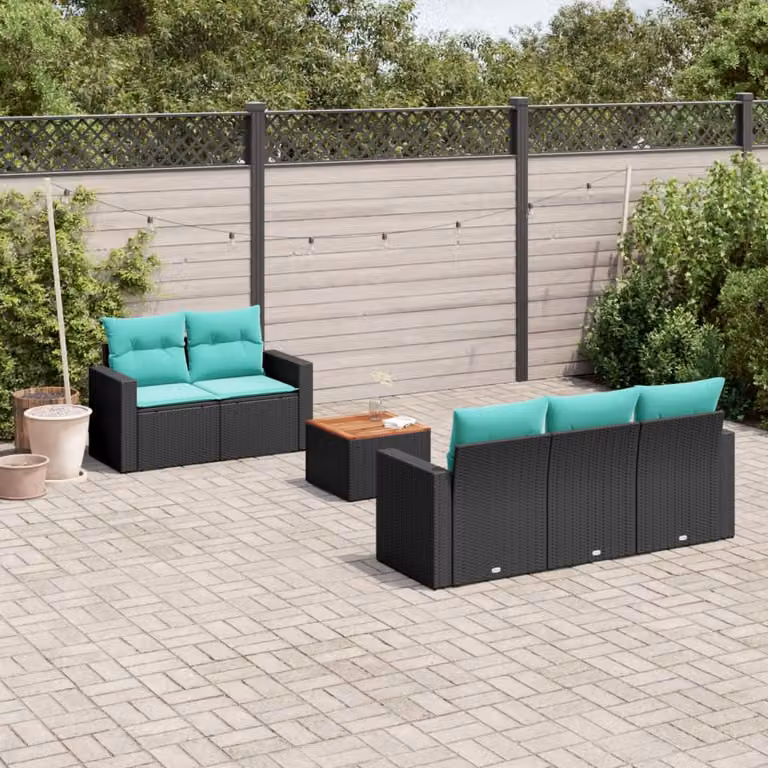 Set di divani da giardino vidaXL in 6 pezzi con cuscini in polyrattan e legno di acacia nero