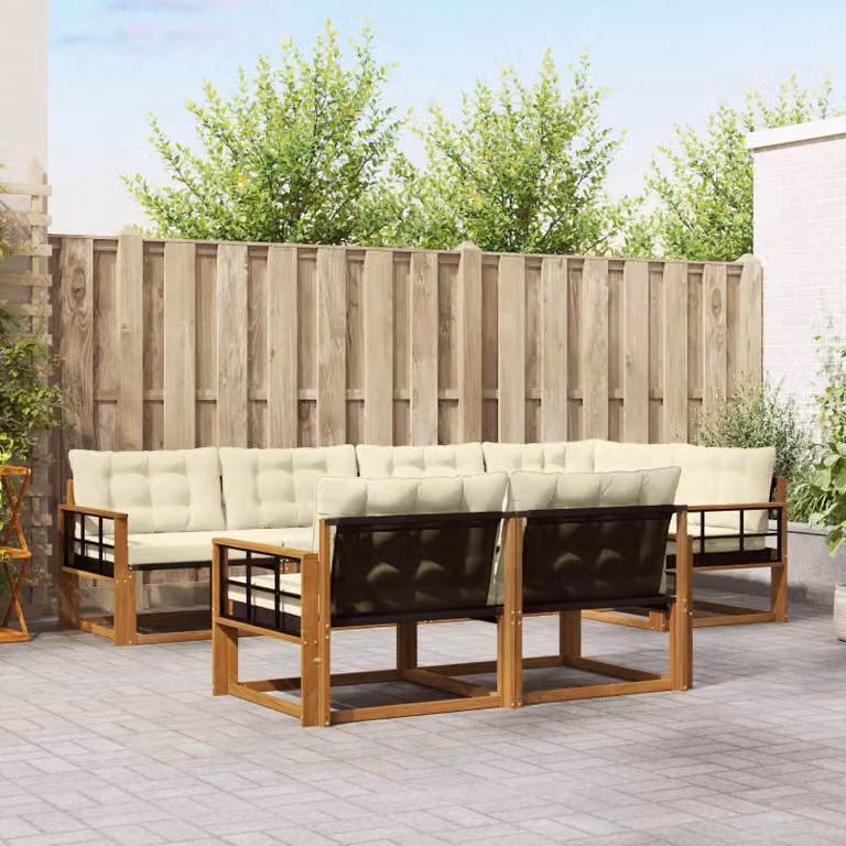 vidaXL Set di divani da esterno a L composto da 7 pezzi in legno di acacia con cuscini beige e bianco