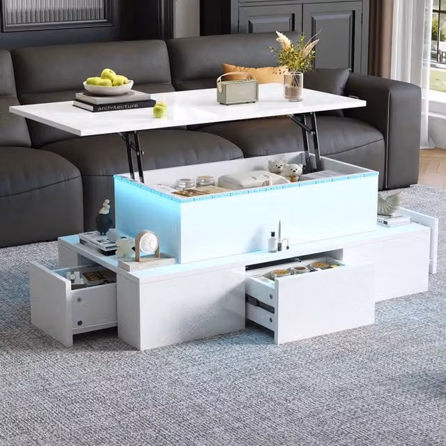 Tavolino basso sollevabile OKWISH per soggiorno in MDF bianco lucido, L: 100 cm, P: 50 cm, H: 40 cm