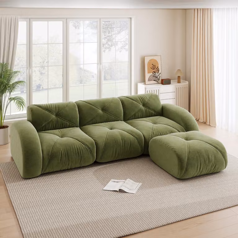 Poltrona a forma di L, divano modulare, divano a 3 posti, senza necessità di montaggio, antiscivolo, con poggiapiedi (verde)