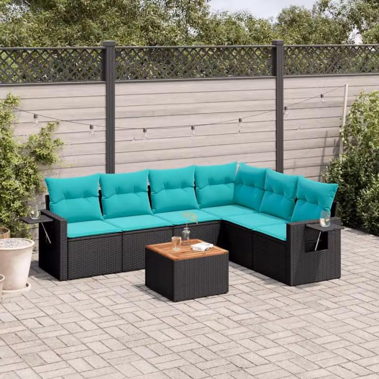 Set Divani da Giardino vidaXL 7 pz in Polyrattan con Cuscini e Tavolino, Design Moderno a L, Colore Nero