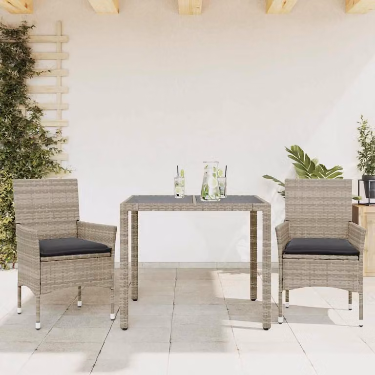 Set Pranzo da Giardino vidaXL 3 Pezzi in Polyrattan Grigio con Piano in Vetro