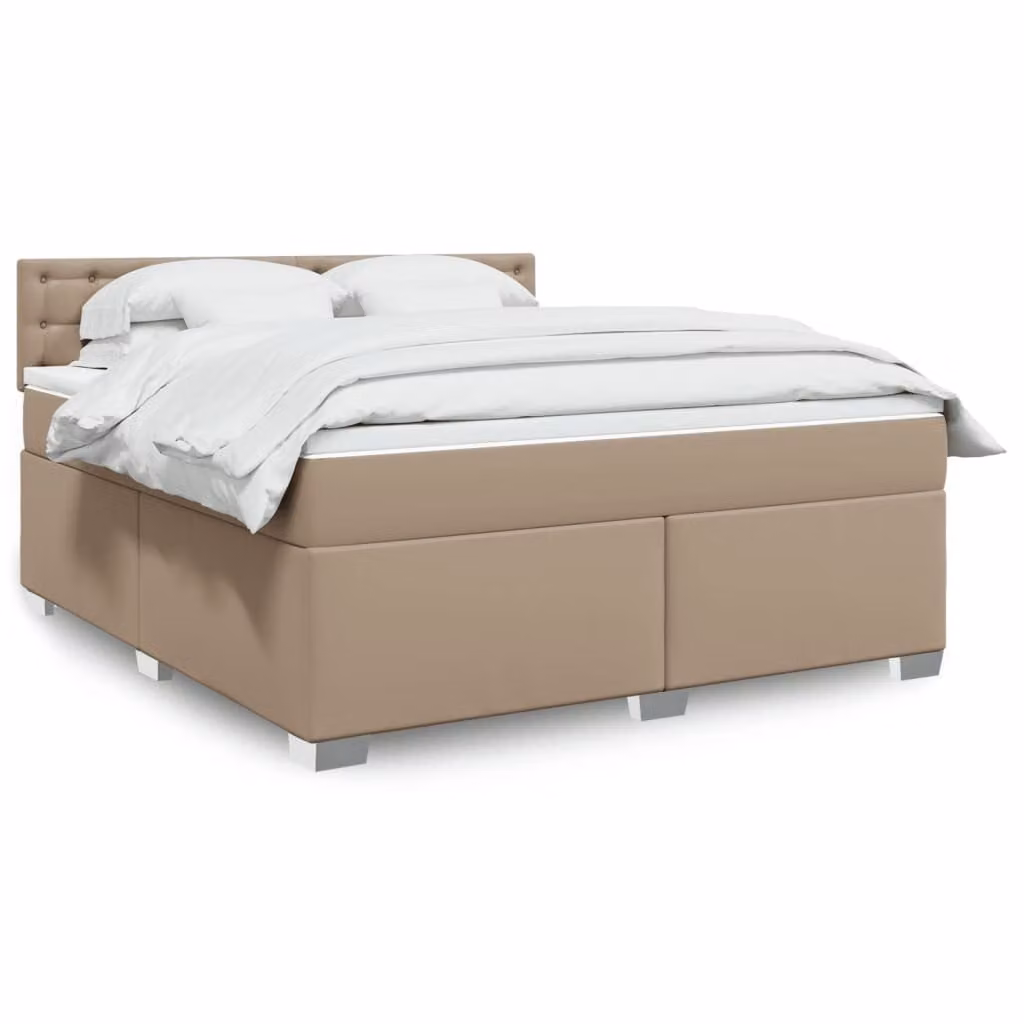 Letto con boxspring e materasso, colore cappuccino, dimensioni 180x200 cm, rivestito in ecopelle