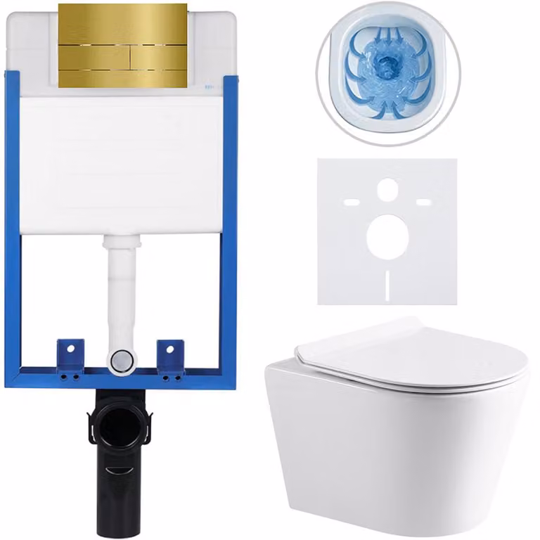 CERANO - Set completo per WC da incasso Lite/Norbi - bianco lucido - Pulsante per WC Line, dorato - da incasso - 48,5x36,5 cm
