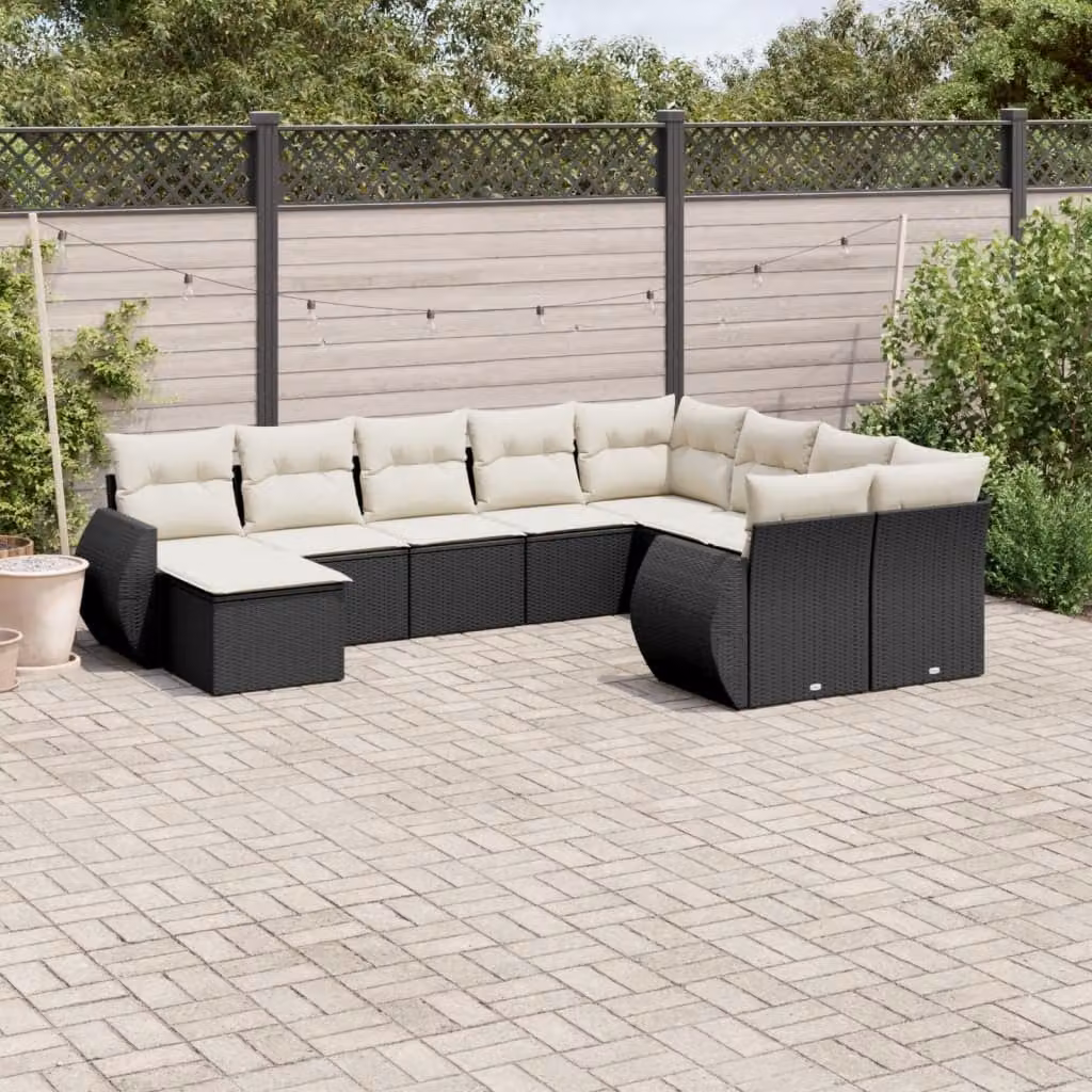 Set di Divani da Giardino vidaXL 10 Pezzi in Polyrattan Nero con Cuscini e Tavolino da Esterno – 1