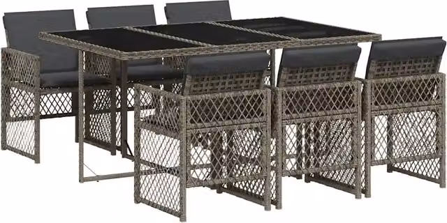 Set da Pranzo da Giardino 7 pz in Polyrattan Grigio con Tavolo in Vetro e Cuscini