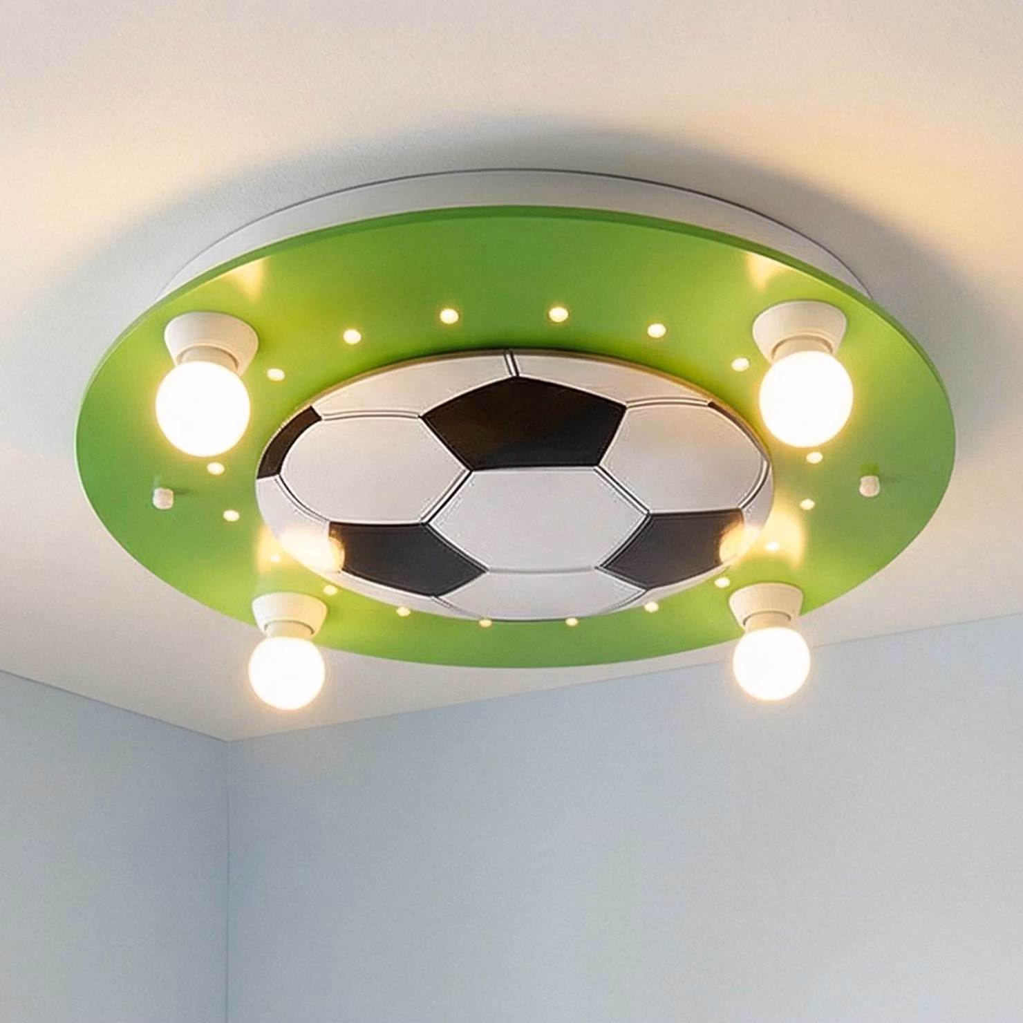 Elobra Plafoniera Fußball, dimmerabile, Verde, Cameretta, Legno, Plafoniera