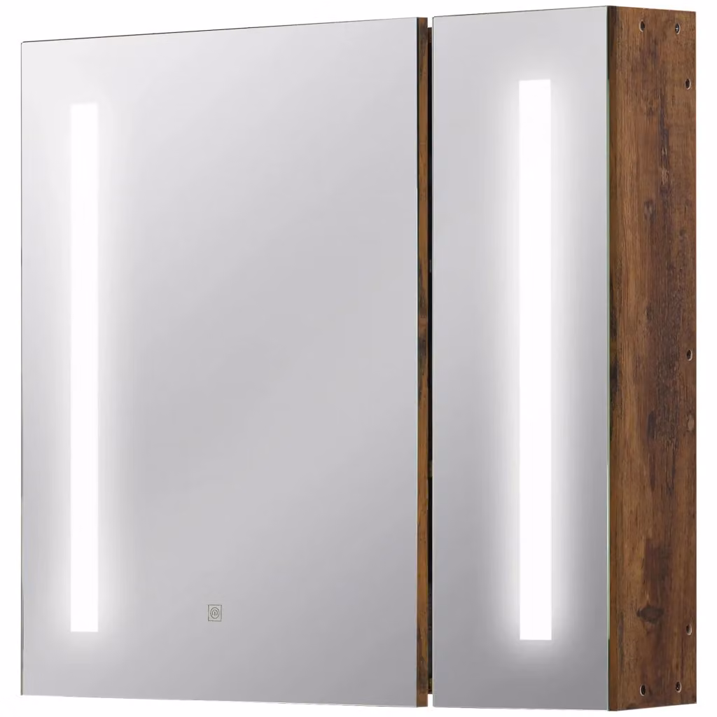 Specchiera da bagno Minimal con luci LED integrate, 2 ante con chiusura soft-close e mensola interna, Marrone, L: 70 cm, H: 65 cm, P: 15 cm – 2