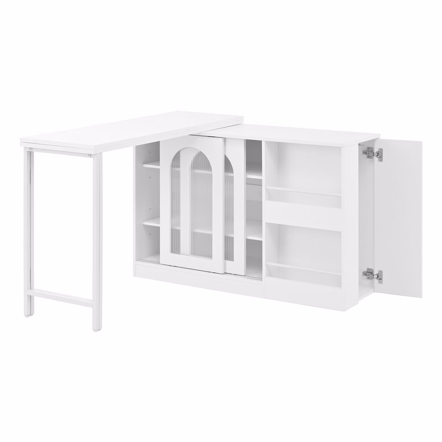 Tavolino da bar, allungabile, girevole a 360°, con vano portaoggetti, tavolino da bar reversibile con ante in vetro, tavolino da bar per cucina o angolo caffè, bianco, bianco, MDF